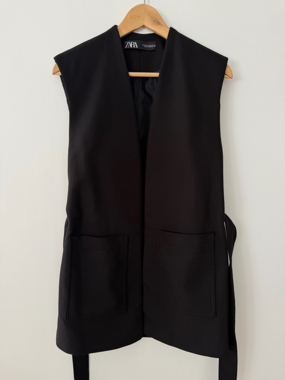 Zara Black Belted Longline Vest Cotton Blend Patch Pockets Small - Picture 4 of 13